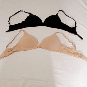 Victoria's Secret Lot of 2 Wire-Free Padded Bras 36B Black Beige Lace Angels